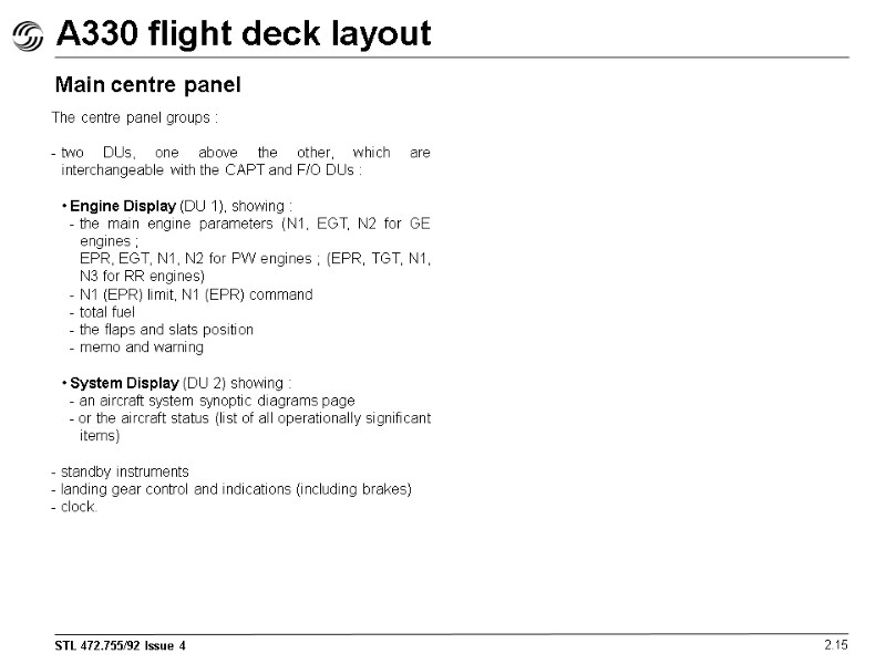 A330 flight deck layout 2.15 Main centre panel The centre panel groups : 